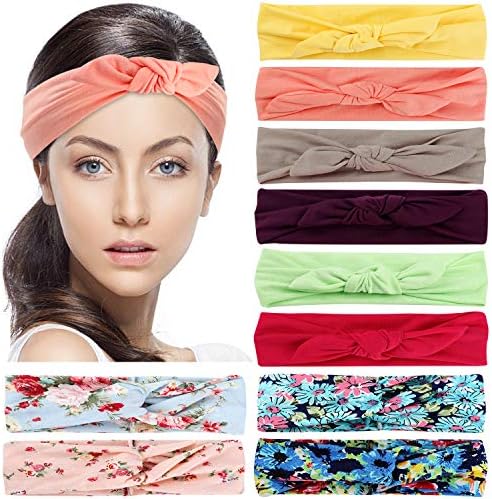 Headbands for women 6 solid color rabbit ear & 4 Criss Cross boho floal style headbands Elastic Hair Wraps Stretchy Hair