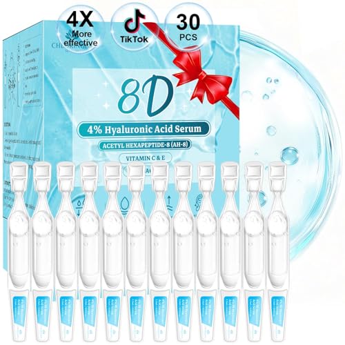 4% Hyaluronic Acid Serum for Face, 8D Hyaluronic Acid Ultra Hydrating Anti-Aging Serum with 20,000ppm Acetyl Hexapeptide-8, Korean Skincare Single-Use Ampoule for Dry & Sensitive Skin, 30pcs