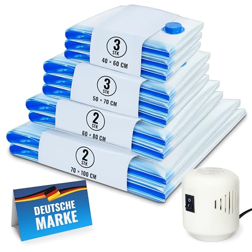 Allyson® Vakuumbeutel für Kleidung mit Pumpe, 10 Stück – wiederverwendbare, luftdichte Kompressionsbeutel mit Ventil für Bettdecken & Kleidung, platzsparend im Schrank und auf Reisen