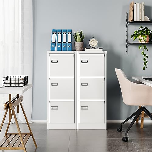Image of MIIIKO 3 Drawer File Cabinet, White Vertical Filing Cabinets with Lock, Home Office File Folders Storage Cabinet for Letter Legal A4 File Size