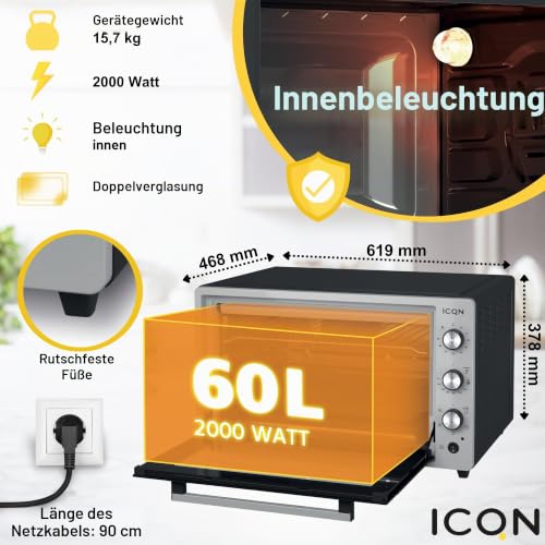 Foto von ICQN Minibackofen 60 Liter XXL mit Umluft, Drehspieß, Emailliert, Inox Grau