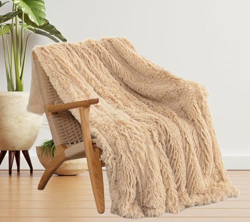 HaraDeco Manta Pelo Largo de Piel Sintética 130x160cm, Manta Felpa Reversible Sedalina Tacto Súper Suave, Manta Sofá Cama Decorativa Elegente(Beige, 130x160cm)