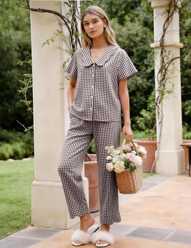 Image of Flygo Womens Gingham Pajamas Set Cotton 2 Piece Pj Set Scalloped Collar Babydoll Shirt Pants Plaid Y2K Lounge Sets