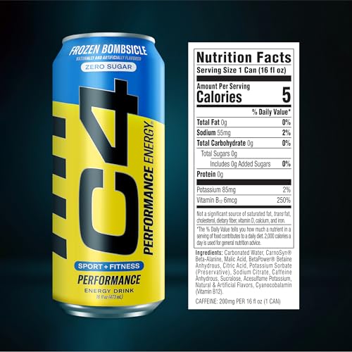 C4 Performance Energy Drink Zero Sugar Pre-Workout Beverage with Beta-Alanine & 200mg Caffeine, Carbonated Energy for Focus & Performance, Frozen Bombsicle Flavor, 473ml Pack of 12