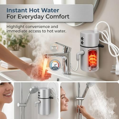 Image of Drumstone Instant Electric Water Heater for Bathroom & Kitchen, Fast Heating Portable Geyser with Temperature Control, Safety Protection & Durable Tank Design