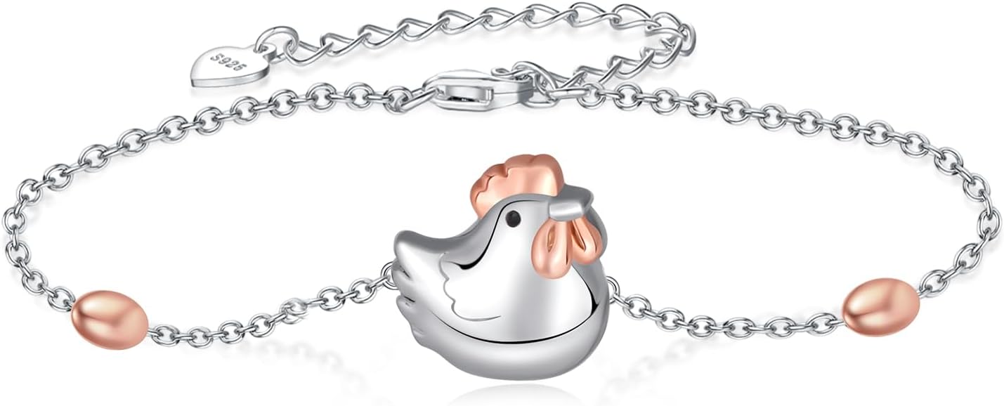 TYSO Chicken Bracelet 925 Sterling Silver Chicken Hen Egg Bracelet Chicken Lover Gifts Jewelry for Women