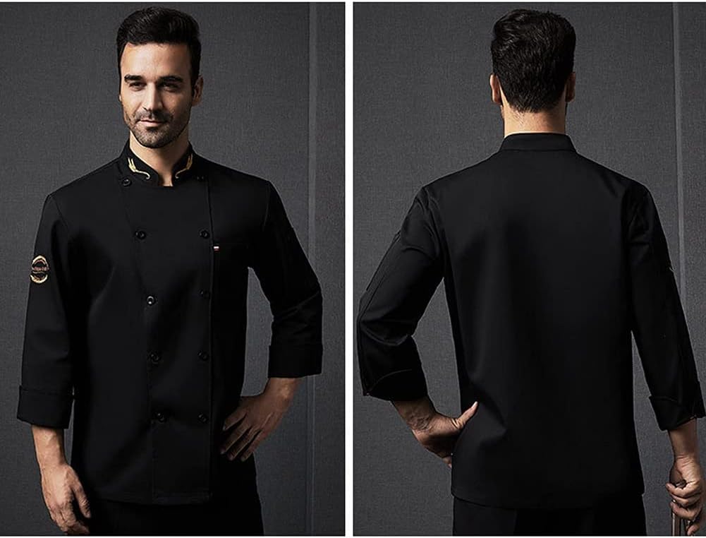 Chef Coat, Unisex Chef Coat Jacket, Hotel/Kitchen Long Sleeved Double Breasted Uniform for Men and Women, Breathable Kitchen Work Wear(Black_A(M))
