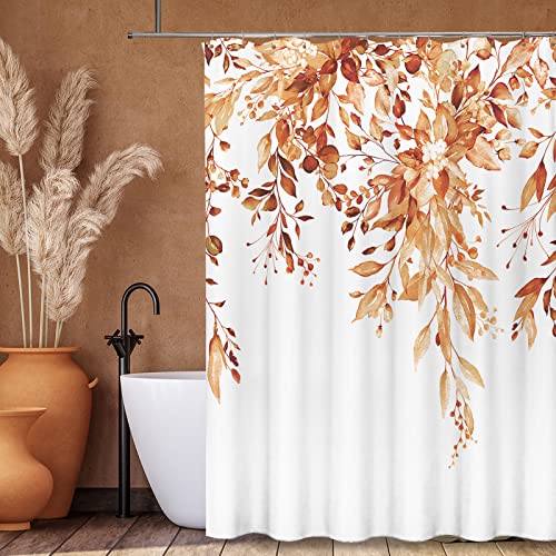 Tititex Orange Eucalyptus Shower Curtain Sets, Watercolor Leaves on The Top Plant with Floral Bathroom Decoration 60x72 Inch with Hooks