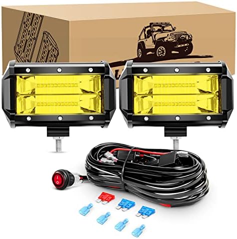 GOOACC 2PCS 5 Inch Amber LED Pods 72W Flood Led Light Bar Fog Light 10800LM Driving Lighting with 16AWG Off Road Wiring Harness-2 Leads for Truck Golf Cart SUV ATV UTV Boat, Clear,Yellow (Auto-651)