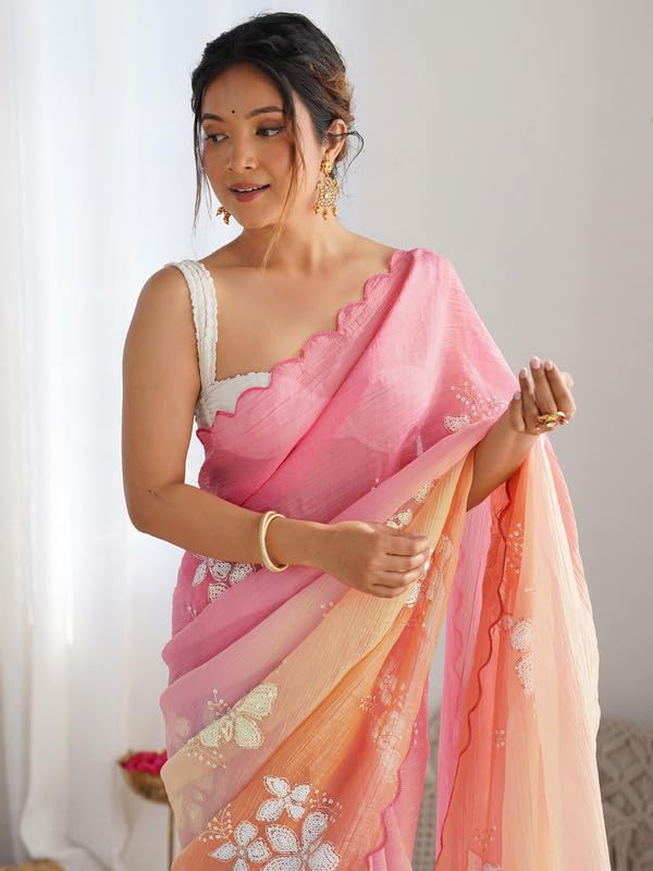 Image of Women's Orange-Yellow Ombre Saree with Floral Embroidery | Lightweight & Festive Saree | Elegant Ethnic Wear for Women