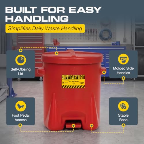 Image of Eagle Oily Waste Can, Self-Closing Lid, 14 Gallon, Made in the USA, Red
