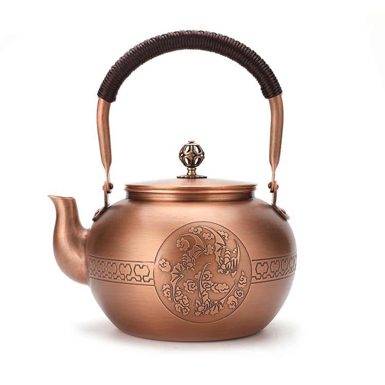 Kuiwisen Handmade Apple Shape Copper Kettle Teapot Copper Stovetop Kettle Teapot 1.5mm Thick Pure Red Copper Handmade, 1600 ml - 1.98bl (Pattern 1 - Blessing)