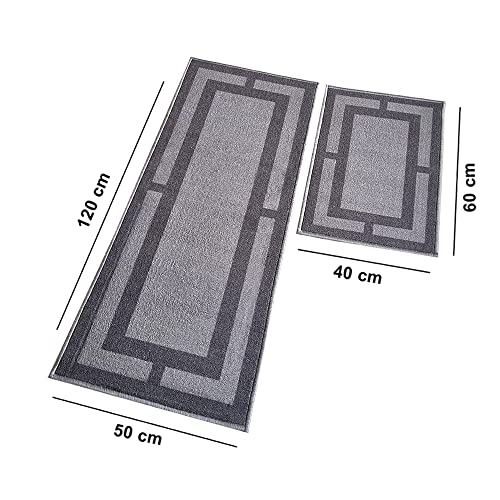Image of Matz&More Anti Slip Runner, Floor Mat Combo (50x120cm + 40x60cm), Carpet for Kitchen, Room, Hall, Bathroom, Bed Side, Geometric Grey