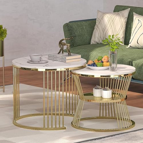 Callas Modern Nesting Coffee Table Set of 2 with Marble Finish Engineered Wood Top and Gold Metal Frame | Round Living Room Center Table for Sofa Side Home Decor (White, CT-03)