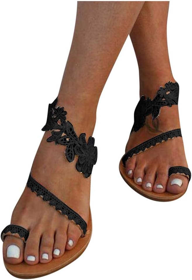 Summer Sandals for Women,Casual Floral Ring Toe Slip-on Comfy Lace Flat Sandals Round Toe Platform Flip Flops