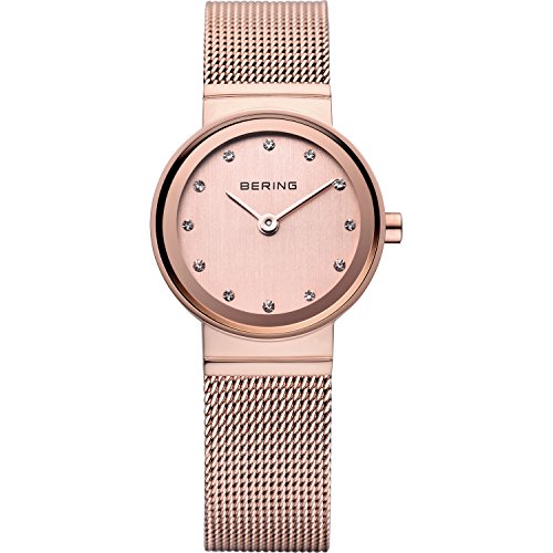 BERING Damen Quarz Uhr | Armbanduhr 22 mm roségoldenes Edelstahlgehäuse und rosé goldenes Zifferblatt | Milanaisearmband | Saphierglas | 3 ATM | 10122-366