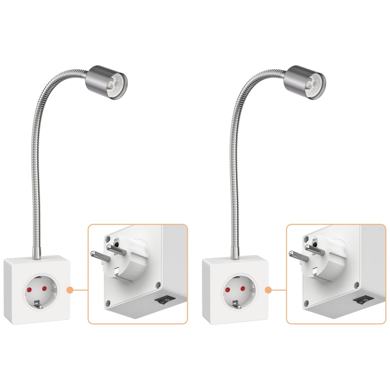 ledscom.de 2 lámparas con enchufe/lámparas de lectura LESCH, cuello de cisne, interruptor, cromado/blanco, 1 casquillo GU10 de máx. 10 W