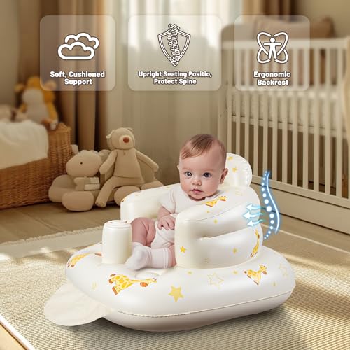 Image of JOSEN Inflatable Seat for Babies 3 Months & Up, Baby Floor Seat Learn to Sit Up, Portable Infant Feeding Shower Chair, Blow Up Baby Chair with Built-in Air Pump - Giraffe