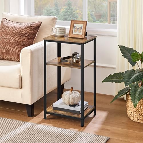 Yaheetech 3-Tier Tall Side Table, Open Shelf & Steel Frame, Industrial 75cm Sofa Side Telephone Table for Living Room Bedroom, Rustic Brown