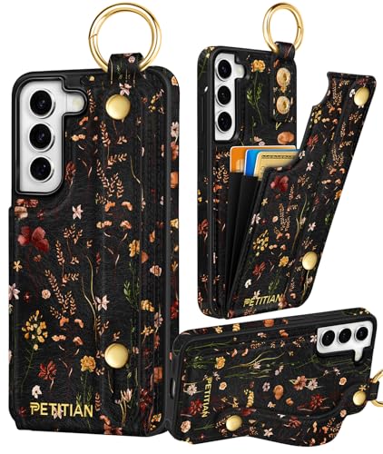 Petitian for Samsung Galaxy S22 Case with Wallet - Women Girls Cute Girly Aesthetic Unique Design Leather Credit Card Holder Cardholder Stand Wristband for S22 Grow Flower