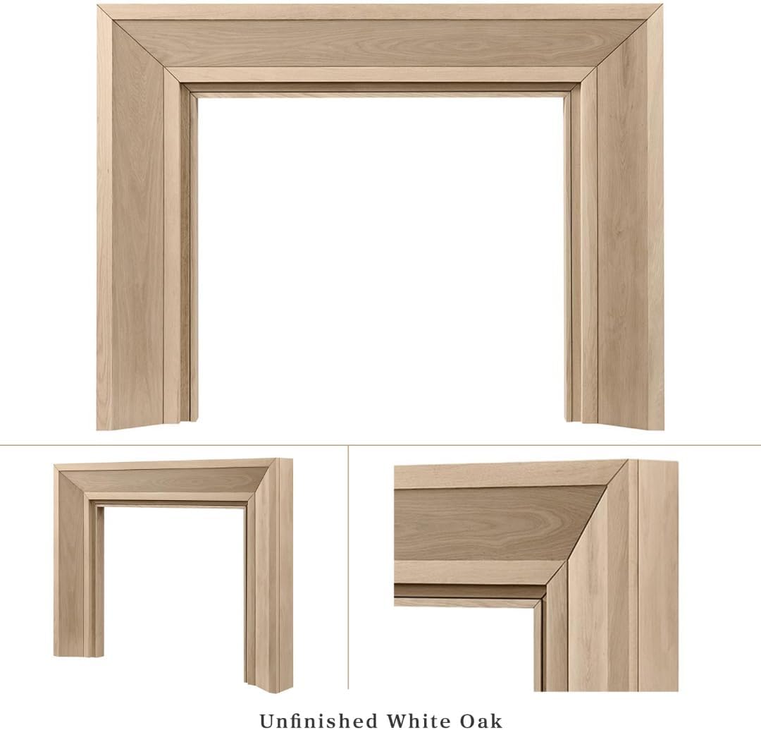 Modern Ember Everly Wood Fireplace Mantel Surround Kit in Unfinished | 56" x 42" Opening | 80" x 54" Overall | Modern Picture Frame Design | Includes White Oak Wooden Mantel Surround & Shelf