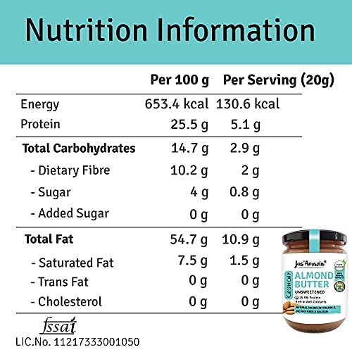 Image of Jus' Amazin Crunchy Almond Butter - Unsweetened (500 Gram) Pack Of 2|25% Protein|Only Whole Almonds (100% Pure)|Zero Additives|100% Natural|Dairy Free|Keto|Plant Based Nutrition|Clean Nutrition