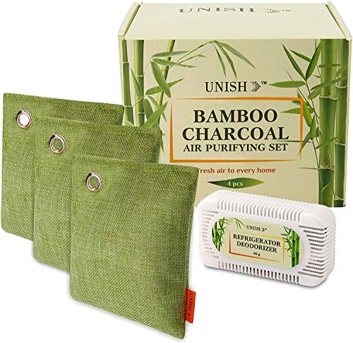 UNISH Activated Charcoal Bags Odor Absorber 4 Pack (3x200g - 1xFridge) - Powerful Natural Bamboo Charcoal Air Purifying Deodorizer Bag - Charcoal Odor Absorber Eliminator for Home Closet Fridge Car