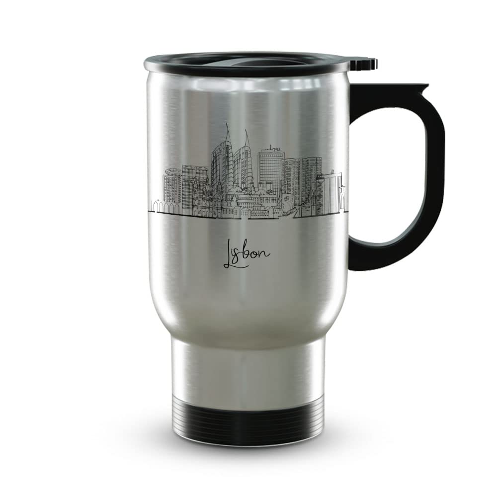 TJ Originals Lisbon Portugal Souvenirs, Travel Mug with Handle & Lid, 14oz Travel Mug Steel, Lisbon Coffee Mug, Lisbon Travel Mugs, Lisbon Tumbler, Double Wall Stainless Steel Travel Tumbler Cup