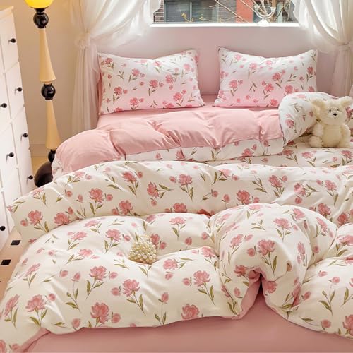 Housse de couette réversible en microfibre douce avec zip motif prairie botanique rose 135x200 - 3
