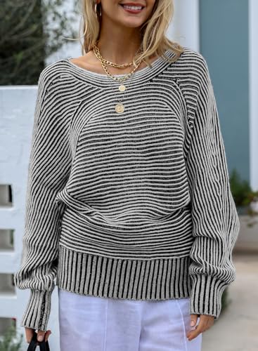 Image of EVALESS Striped Sweaters for Women Boat Neck Batwing Sleeve Oversized Pullover Sweater Tops Womens Fall Clothes Outfits