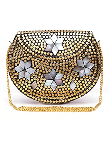 Image of Shakuntala Vintage Clutch - Metal Mosaic Stone & Shell Design Purse - Handmade Women's Handbag