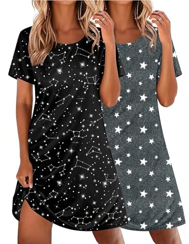 Image of Ekouaer 2 Pack Nightgowns for Women Sleepshirt Short Sleeve Night Shirts