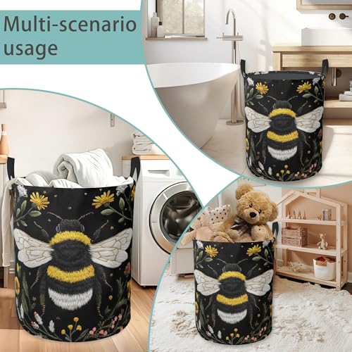 Bee Flowers Laundry Basket With Handles Tote Bag Oxford Cloth Funny Laundry Hamper Clothes Storage Bucket Toy Organizer 16\" X 20.8\"For Bathroom/Laundry/Bedroom