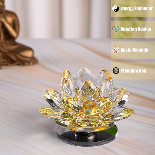 Image of Feng Shui Crystal Lotus Flower Showpiece & Paperweight | Vastu Decor for Home & Office | Desk Decoration | Fengshui Items for Home Decor, Good Luck & Gifting | Yellow (Small-8.5 x 5.5 CM)