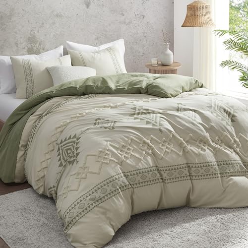 Image of Oli Anderson Boho Duvet Cover Set Twin Size, Beige and Sage Green Color Clash 2 Pieces Microfiber Bedding Set, Durable and Super Soft Duvet Covers with Zipper and Ties, 68 inch*90 inch