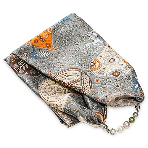 Gemma's Silk Scarf – 100% Genuine Silk with Pearl Magnetic Clasps for Effortless Styling (Oriental Garden/Grey)