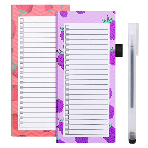 2-pack magnetisk inköpslista dyna för kylskåp, 100 riva av ark magnet anteckningsblock livsmedelslista dyna för kylskåp, fruktdesign inköpslista dyna, magnet baksida inköpslistor med penna (druvor + jordgubb)