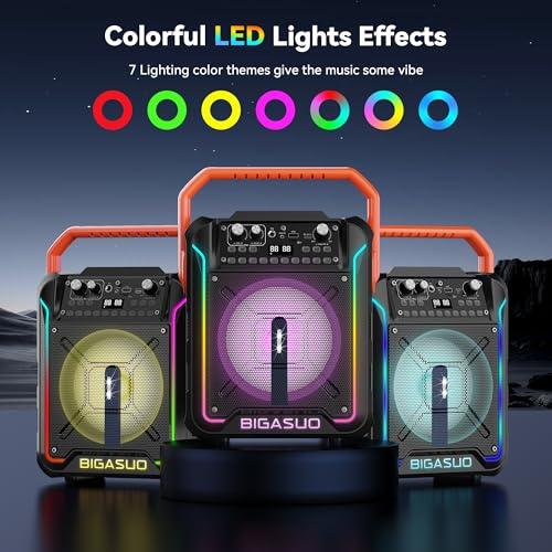 BIGASUO Portable Karaoke Machine with Two Wireless UFH Microphones, Bluetooth Karaoke Speaker for Adults&Kids with PA Singing System LED Lights Effect, Supports TF Card/USB