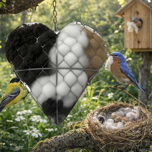 Handmade Fiber Bird Nesting Heart, Refillable Birds Nests Material Holder Heart Shape for Wild Birds, Wool Nest Hummingbird Houses Art Birdhouse Outside Gifts for Birds Lovers (1 Pcs)