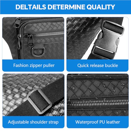 Image of GUSTAVE PU Waist Bag Outdoor Lightweight Day Bag Multi Zipper Compartment Travel Bag Chest Bag with Adjustable Strap, Fashion Woven Pattern Compact Shoulder Bag for Hiking, Travel, Casual Use