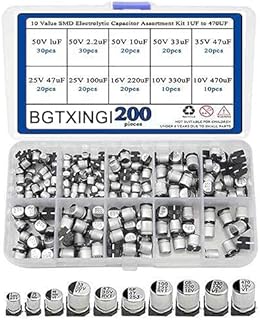 BGTXINGI 200PCS 10 Value SMD Electrolytic Capacitor Assortment Kit 1UF to 470UF(Aluminum Electrolytic Capacitor with A Plastic Box)
