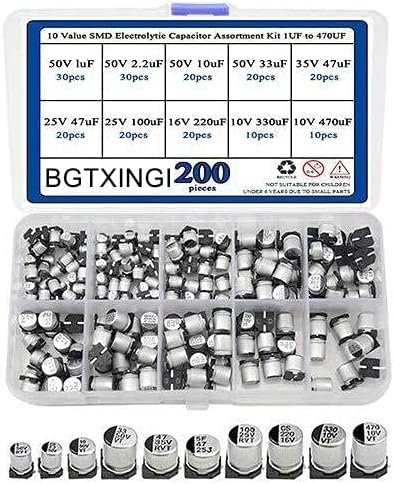 BGTXINGI 200PCS 10 Value SMD Electrolytic Capacitor Assortment Kit 1UF to 470UF(Aluminum Electrolytic Capacitor with A Plastic Box)
