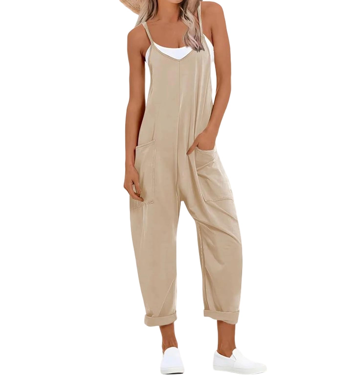 Yeuyyben Overol para mujer, talla grande, sin mangas, cuello en V, pierna ancha, informal, holgado, con bolsillo, para verano, uso diario