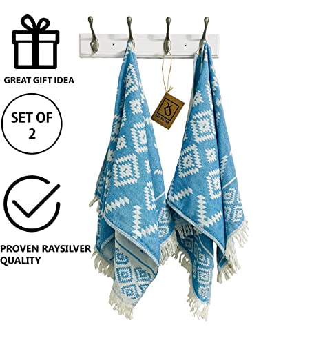 Ray Silver Aztec Turkish Hand Towels Set Of 2 100% Cotton Peshtemal Soft Feel 18 X 36Inches Light Weight Travel Camping Bath Sauna Beach Gym Pool Blanket Quick Dry Oversized Towel (Blue) #TOP4