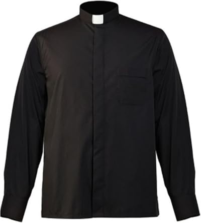 Men Priest Clerical Shirt Stand Collar Long Sleeve Clergy Tag T-Shirt for Preacher Cosplay
