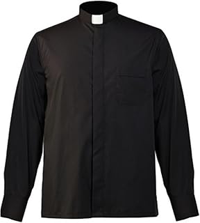 Men Priest Clerical Shirt Stand Collar Long Sleeve Clergy Tag T-Shirt for Preacher Cosplay