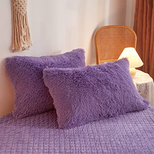 Haihua Fluffy Purple Comforter Cover Queen Set，Faux Fur Purple Comforter Set 3 Pieces(1 Plush Duvet Cover +2 Shaggy Pillowcases) Faux Fur Purple Bedding Sets Queen,Solid Color (Purple, Queen) #TOP5