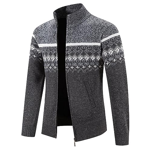 Mens Full Zip Knitted Cardigan Snowflakes and Reindeer Pattern Stand Collar Striped with Pockets for Casual2