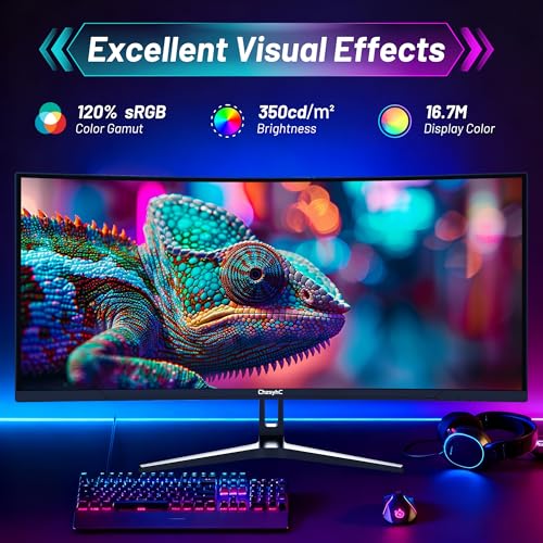 Image of 34 Inch Ultrawide Curved Gaming Monitor - WQHD 3440x1440p, 165Hz, 120% sRGB, FreeSync, VESA Mountable (DP&HDMI Cable Incl.) - Immersive PC Monitor for Gamers & Professionals, Black