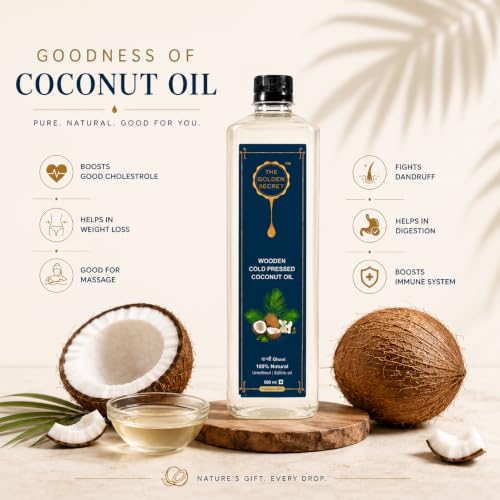 Image of The Golden Secret Kacchi Ghani Wooden Cold Pressed Coconut Oil 1 Litre (Pack of 2) | Pure Coconut Oil | Cold Pressed Oil | Edible Grade | Rich in Natural MCTs & Lauric Acid | For Hair Care, Skin Care, Body Massage, Oil Pulling & Cooking | Sulphur free